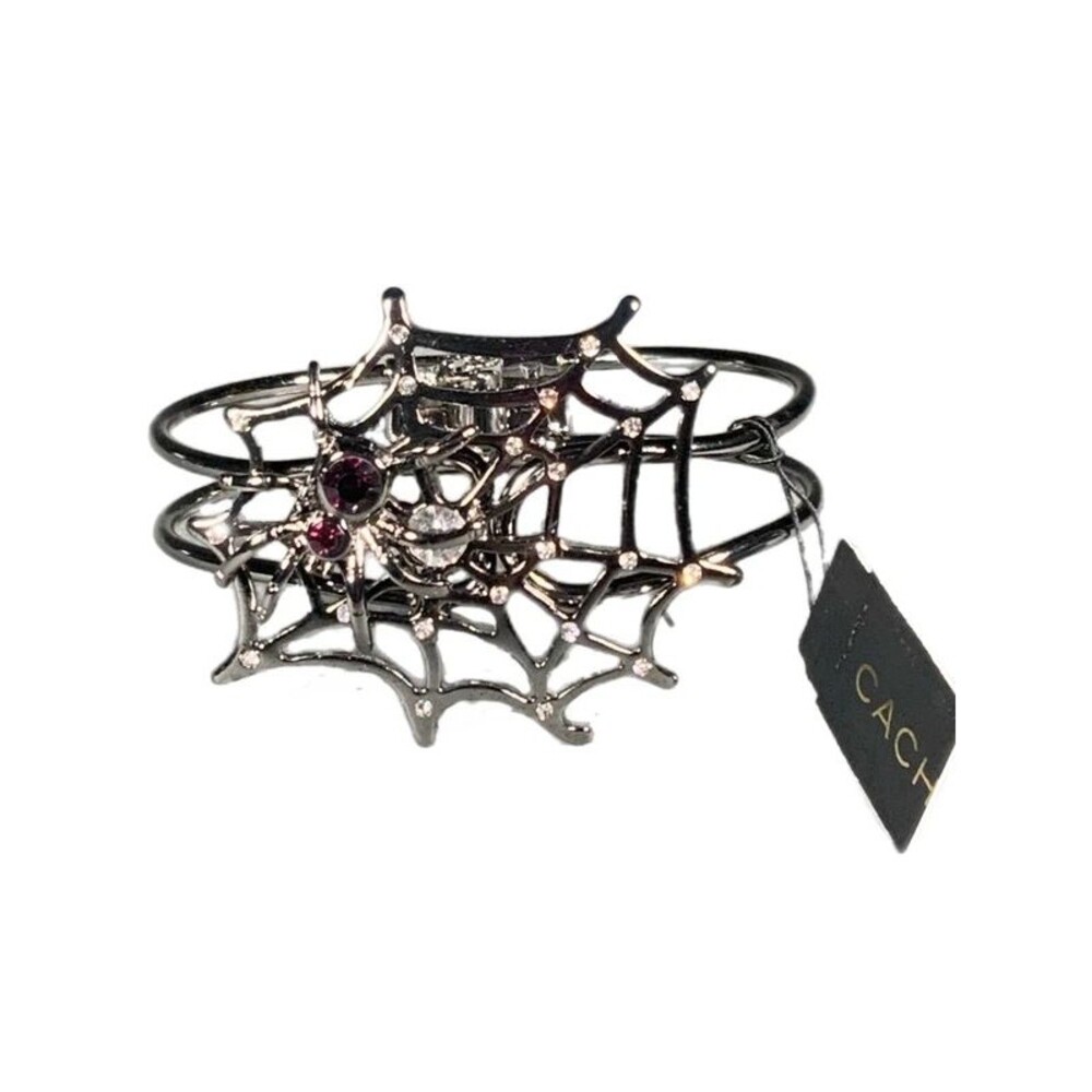 NWT Caché Spiderweb Spider Rhinestone Hinged Cuff Bracelet Gunmetal Halloween